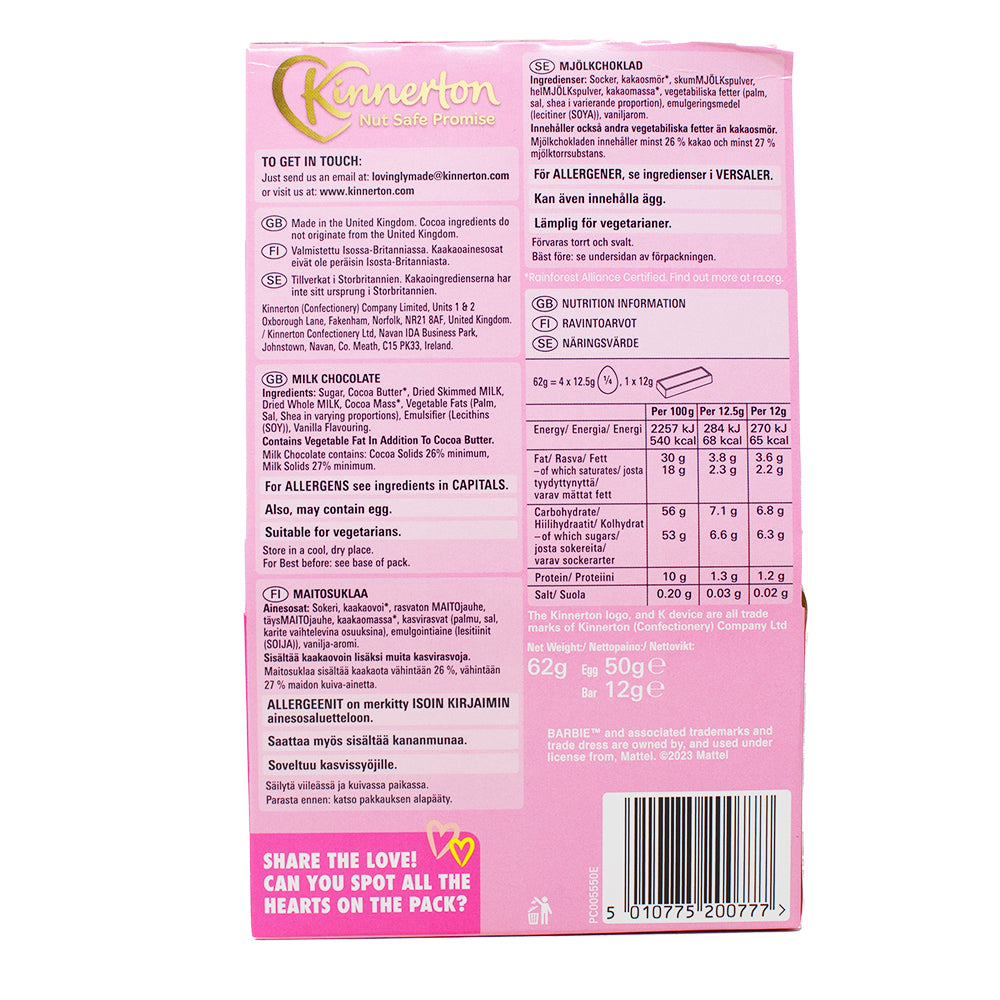 Kinnerton Barbie Egg & Bar 62g - 9 Pack  Nutrition Facts Ingredients