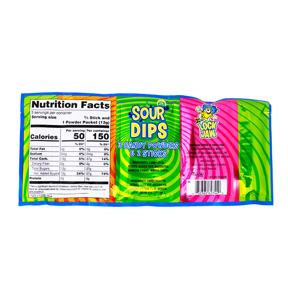 Lock Jaw 3 Piece Dips Sour Powder Sticks 1.41oz - 18 Pack   Nutrition Facts Ingredients