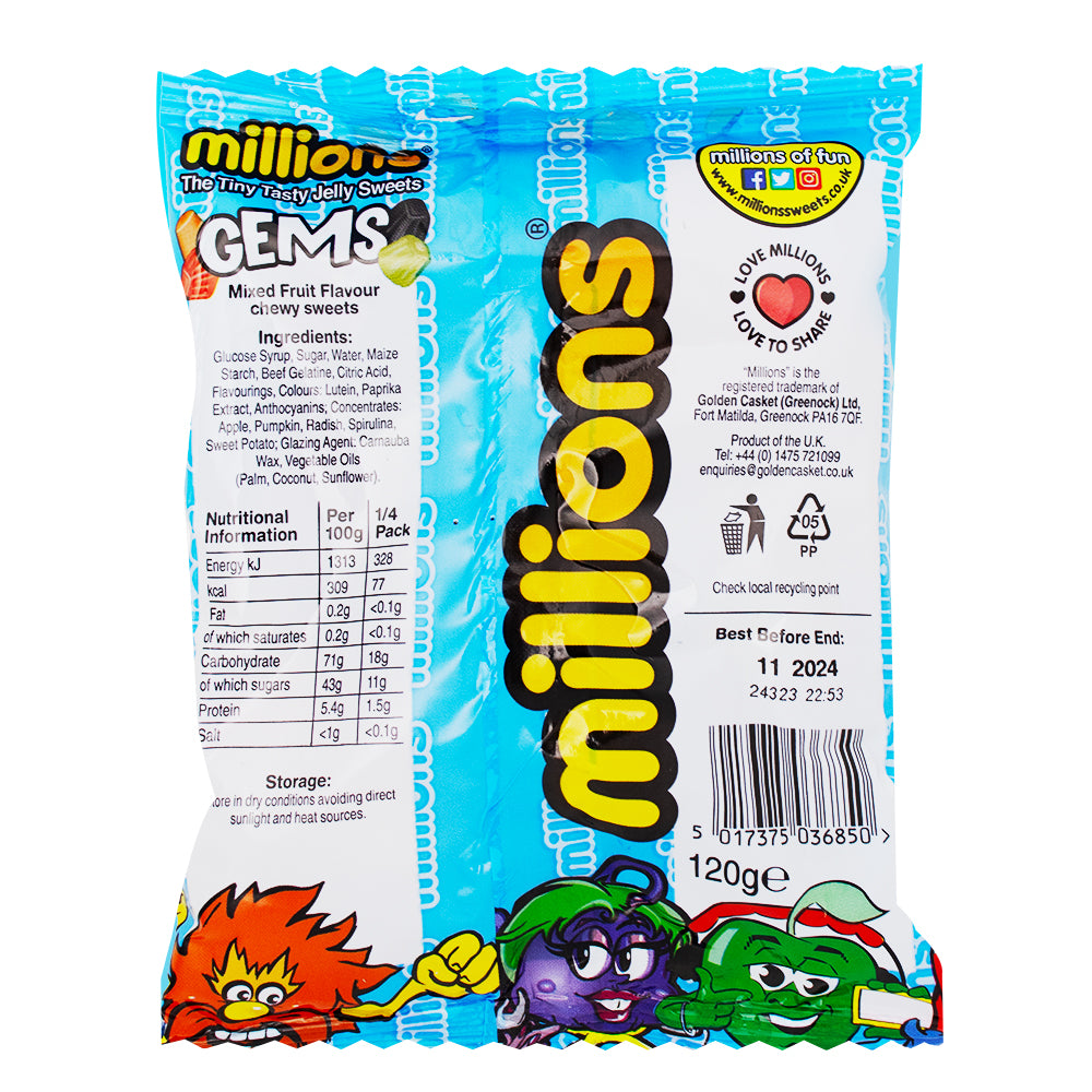 Millions Gems 120g - 12 Pack Nutrition Facts Ingredients