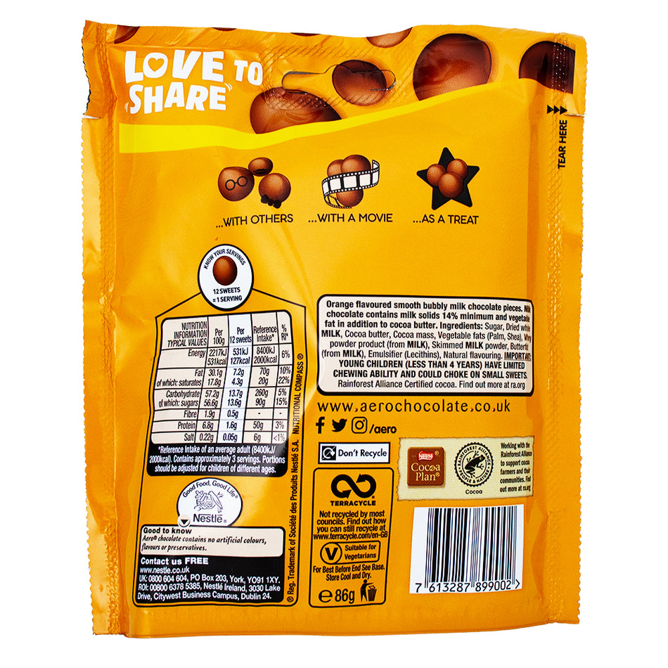 Aero Melts Orange Pouch (UK) 86g - 8 Pack Nutrition Facts Ingredients - British Chocolate - Candy Store - Aero Chocolate