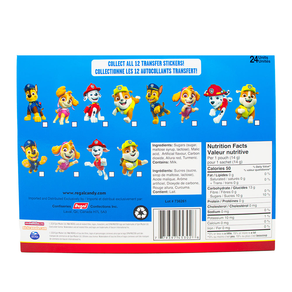 Paw Patrol Popping Candy with Lollipop Dipper 13.8g - 24 Pack  Nutrition Facts Ingredients