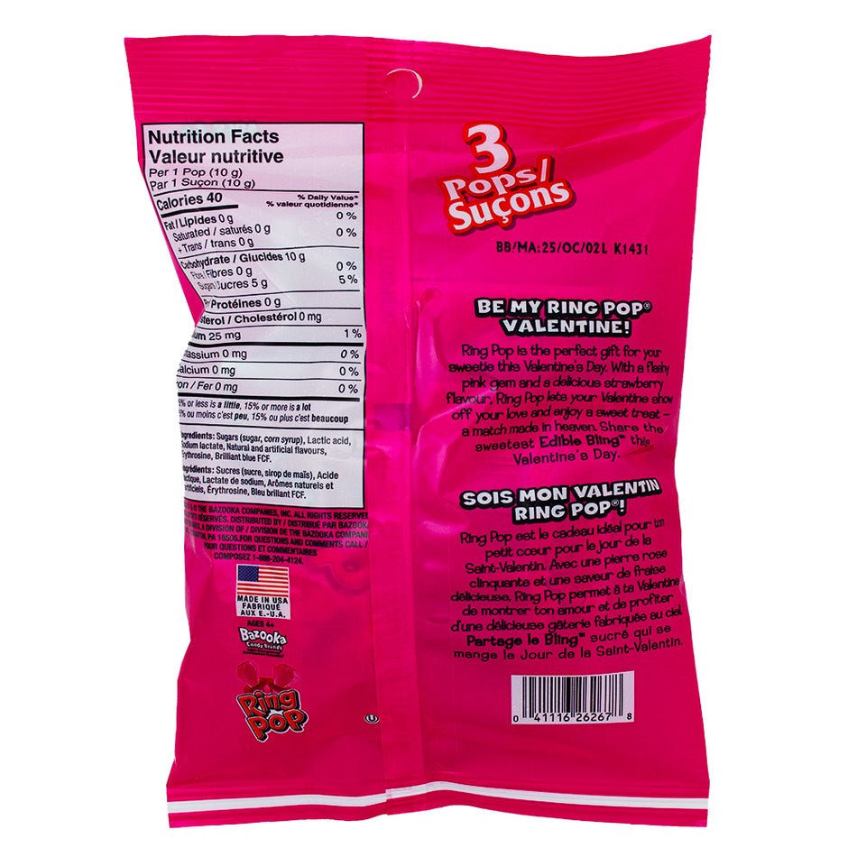 Valentine Ring Pop 3 Pieces - 36 Pack Nutrition Facts Ingredients