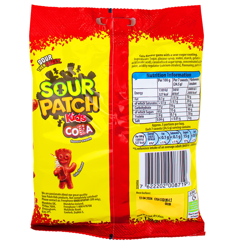 Sour Patch Kids Cola (UK) 130g - 10 Pack Nutrition Facts Ingredients