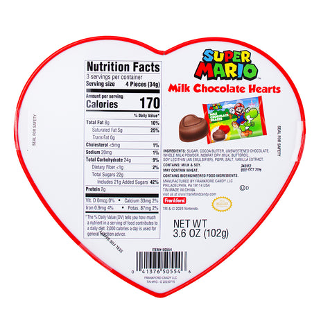 Super Mario Valentine's Heart Tin with Milk Chocolate 3.6oz - 6 Pack Nutrition Facts Ingredients