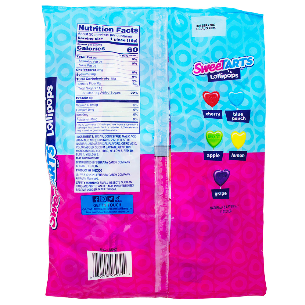 Sweetarts Lollipops 30 Pieces 16.8oz - 1 Bag Nutrition Facts Ingredients - Wonka Candy - Lollipops - Candy Store - Valentines Day