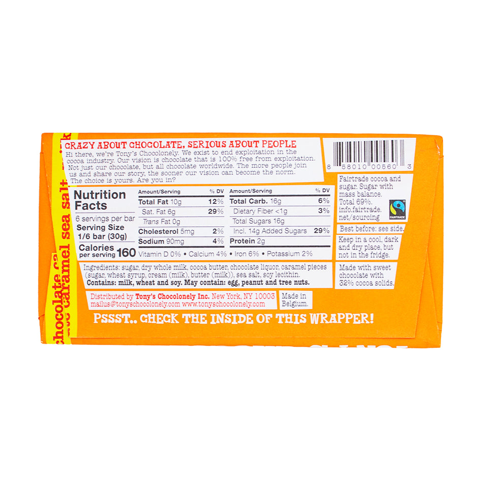 Tony's Chocolonely Milk Chocolate Caramel Sea Salt 180g - 15 Pack  Nutrition Facts Ingredients