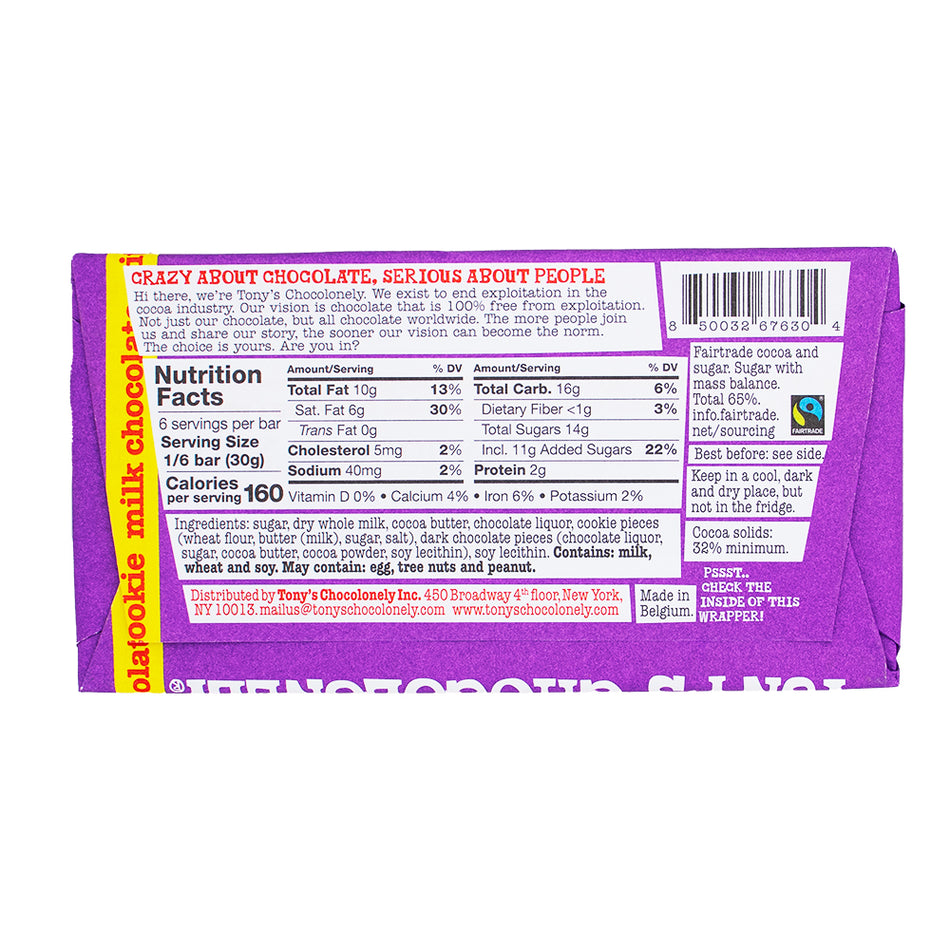 Tony's Chocolonely Milk Chocolate Chip Cookie 180g - 15 Pack  Nutrition Facts Ingredients