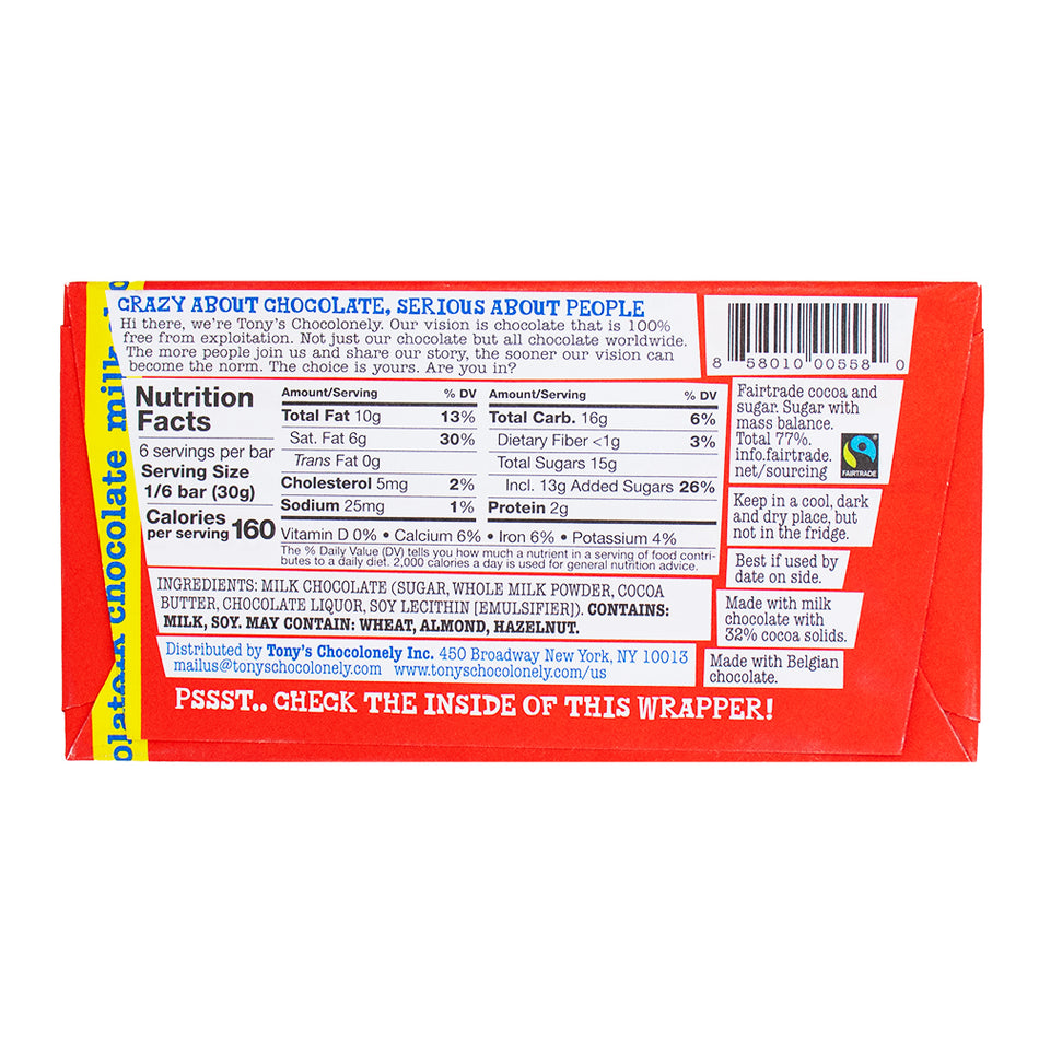 Tony's Chocolonely Milk Chocolate 180g - 15 Pack  Nutrition Facts Ingredients