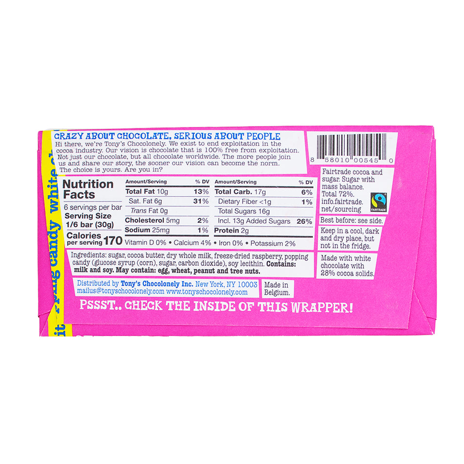 Tony's Chocolonely White Chocolate Raspberry Popping Candy 180g - 15 Pack   Nutrition Facts Ingredients