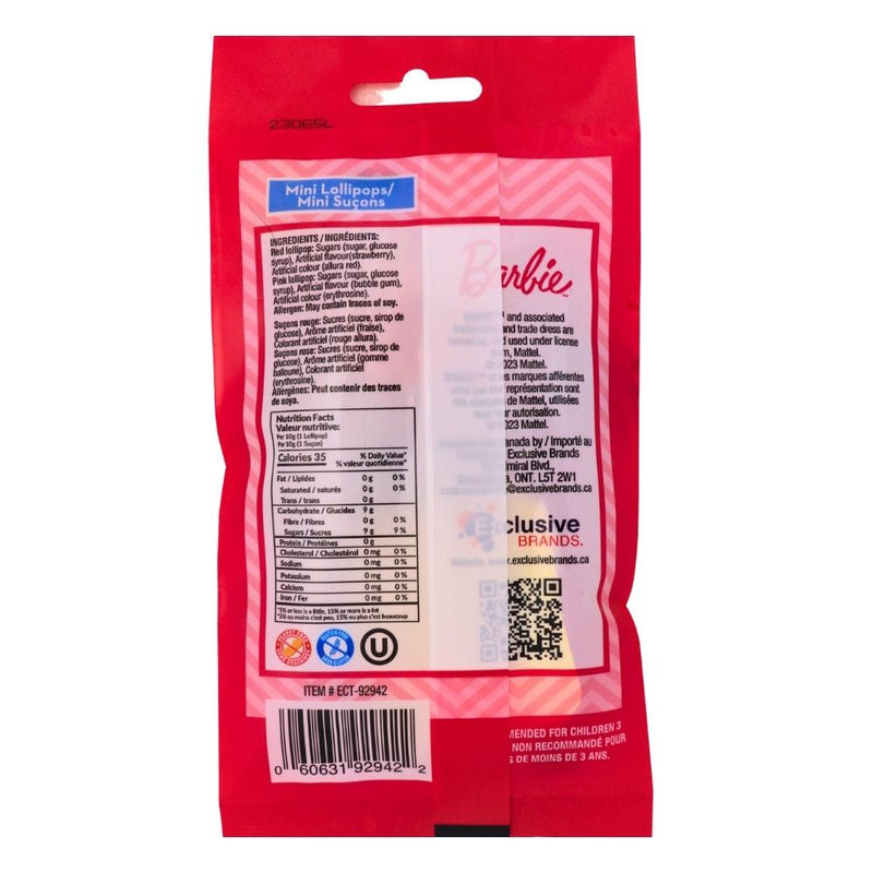 Barbie Mini Lollipop 20g - 12 Pack Nutrition Facts Ingredients