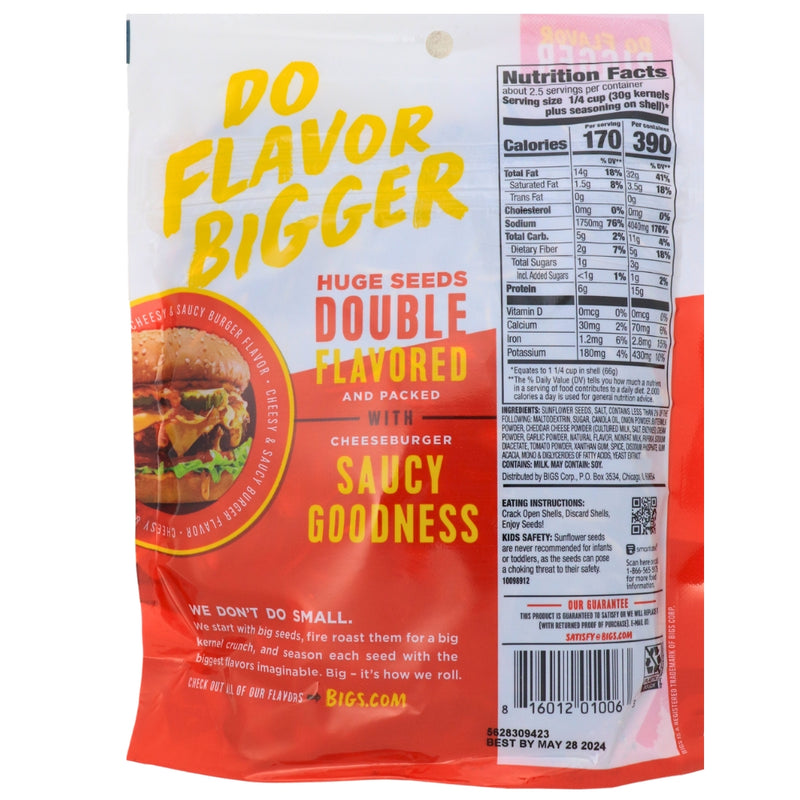 BIGS Cheeseburger Sunflower Seeds 5.35oz - 12 Pack Nutrition Facts Ingredients