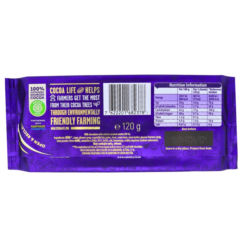 Cadbury Dairy Milk Salted Caramel UK 120g- Pack Nutrition Facts Ingredients