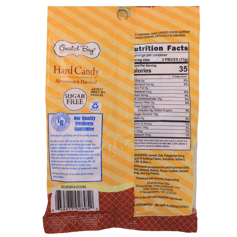 Coastal Bay Sugar Free Butterscotch Hard Candy 3oz - 24 Pack Nutrition Facts Ingredients