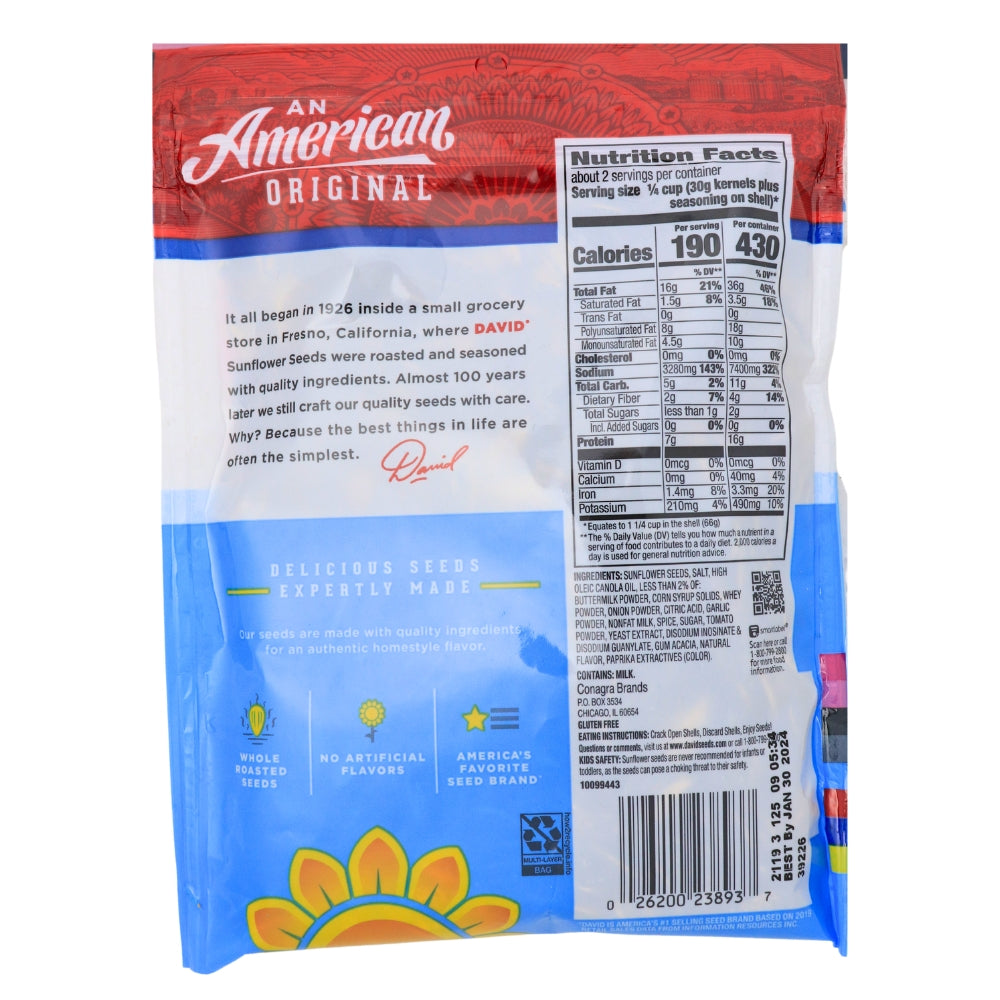 David Buffalo Style Ranch Jumbo Sunflower Seeds - 12 Pack Nutrition Facts Ingredients