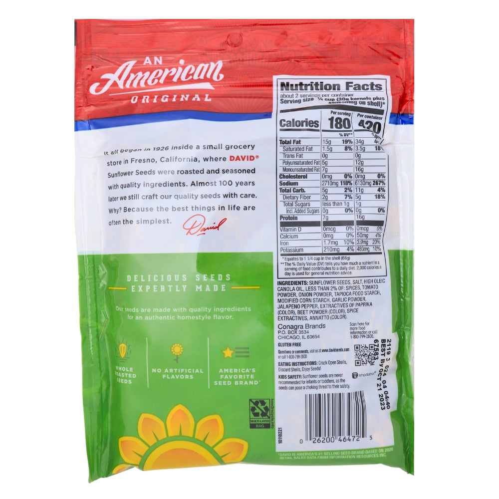 David Jalapeno Jumbo Sunflower Seeds - 12 Pack Nutrition Facts Ingredients