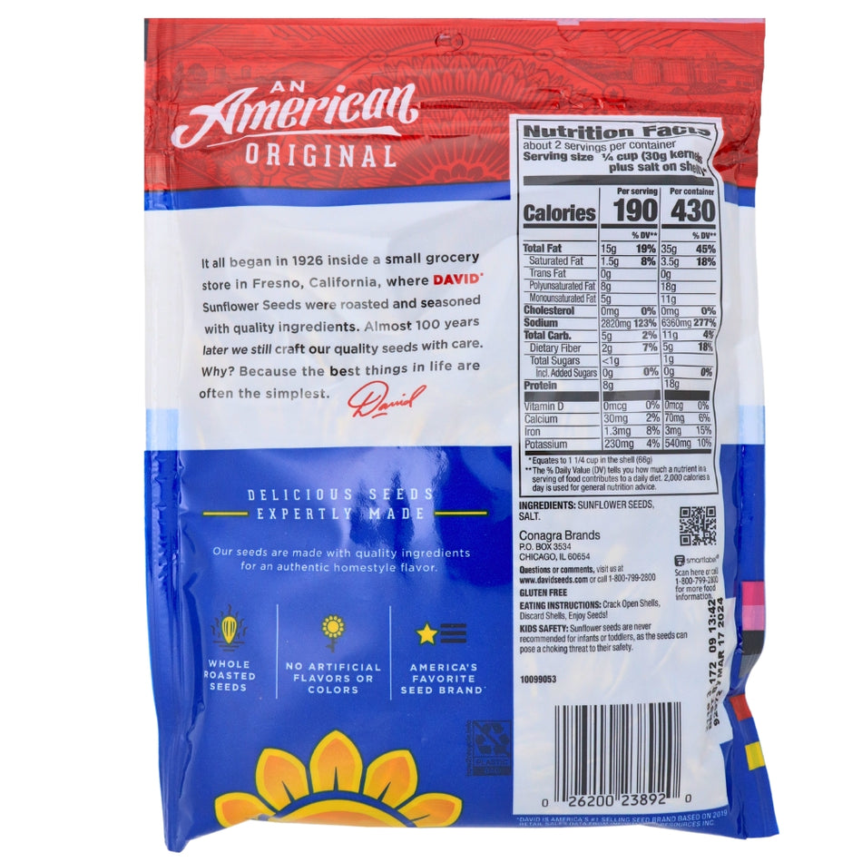 David Original Jumbo Sunflower Seeds - 12 Pack Nutrition Facts Ingredients