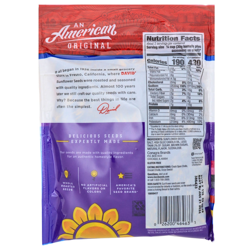 David Sweet & Salty Jumbo Sunflower Seeds - 12 Pack Nutrition Facts Ingredients