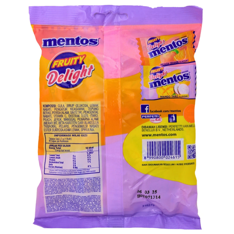Mentos Fruit Delight Peach/Orange & Mango/Taro (Indonesia) 121.5g - 20 Pack Nutrition Facts Ingredients