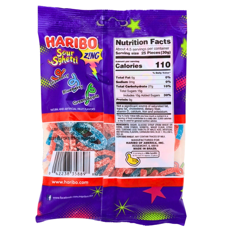 Haribo Sour S'ghetti Gummi Candy - 12 Pack Nutrition Facts - Ingredients
