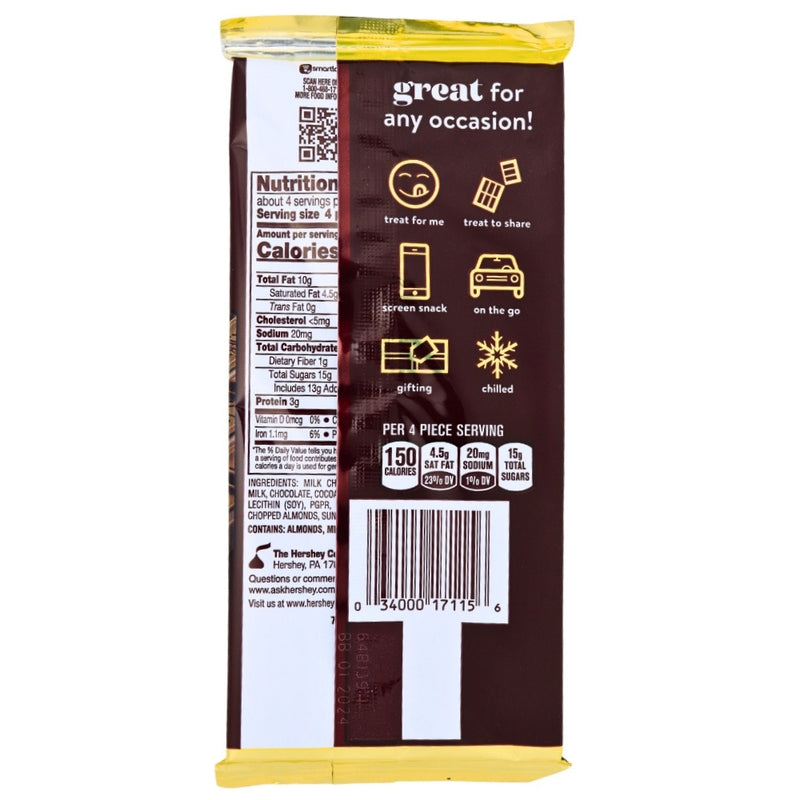 Hershey's Milk Chocolate with Almonds XL 4.25oz - 16 Pack Nutrition Facts Ingredients