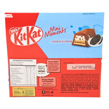 KitKat Mini Moments: Cookies and Cream (Brazil) 39.6g - 24 Pack  Nutrition Facts Ingredients - Kit Kat - Chocolate Bar - Candy Store - Nestle - Kit Kat Mini Moments