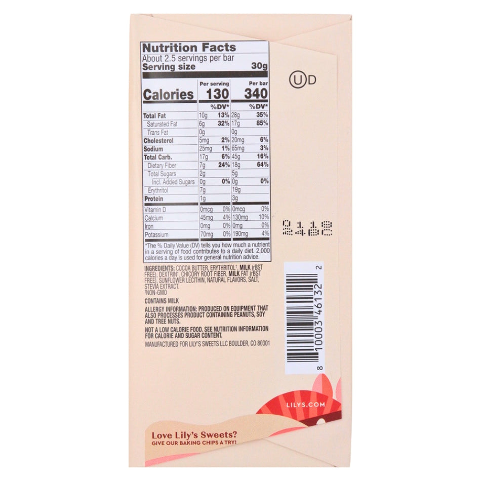 Lilys No Sugar Added Peppermint White Chocolate Bar 2.8oz - 12 Pack - Nutrition Facts - Ingredients - Sugar Free Candy