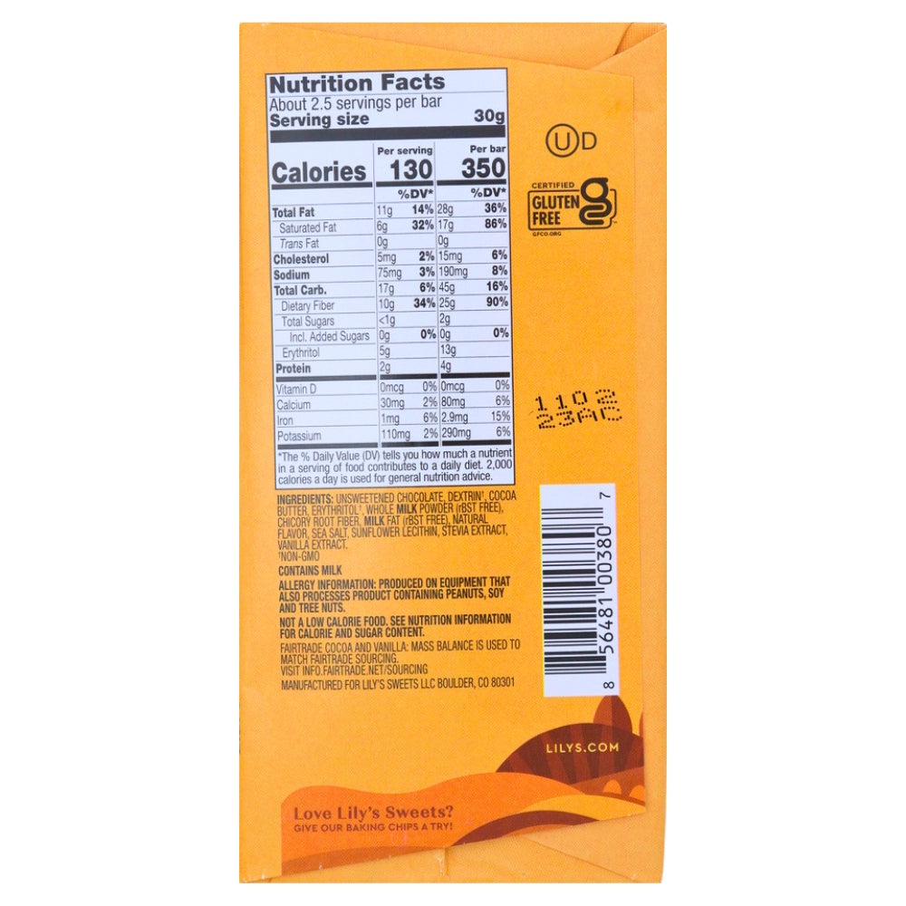 Lilys No Sugar Added Salted Caramel Milk Chocolate Bar 2.8oz - 12 Pack - Nutrition Facts - Ingredients - Sugar Free Candy