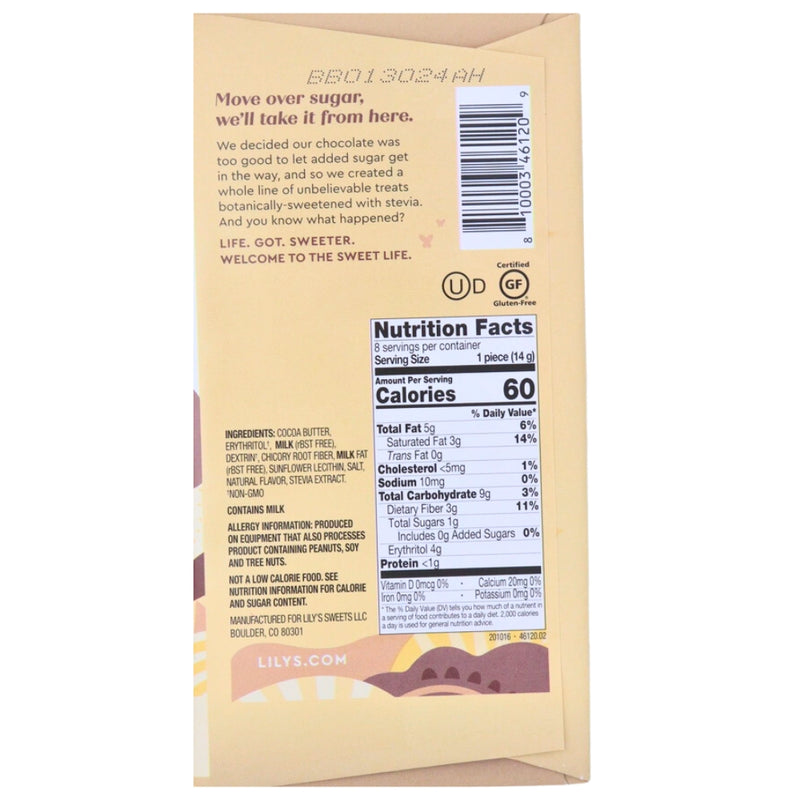 Lilys No Sugar Added White Chocolate Baking Bar 4oz - 18 Pack -Nutrition Facts -Ingredients-Sugar Free Candy
