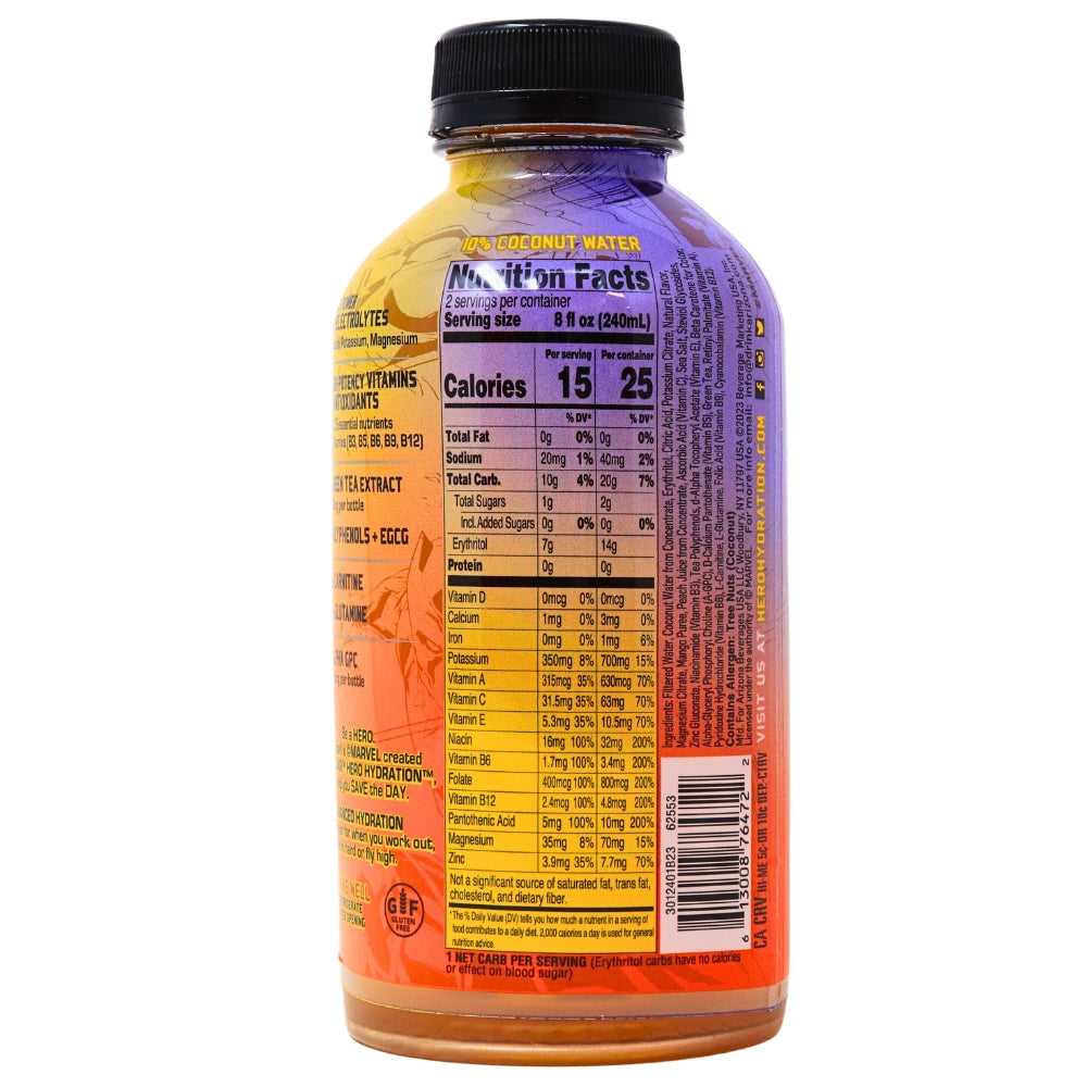 Arizona Marvel Super LXR Peach Mango 16oz - 12 Pack Nutrition Facts Ingredients 