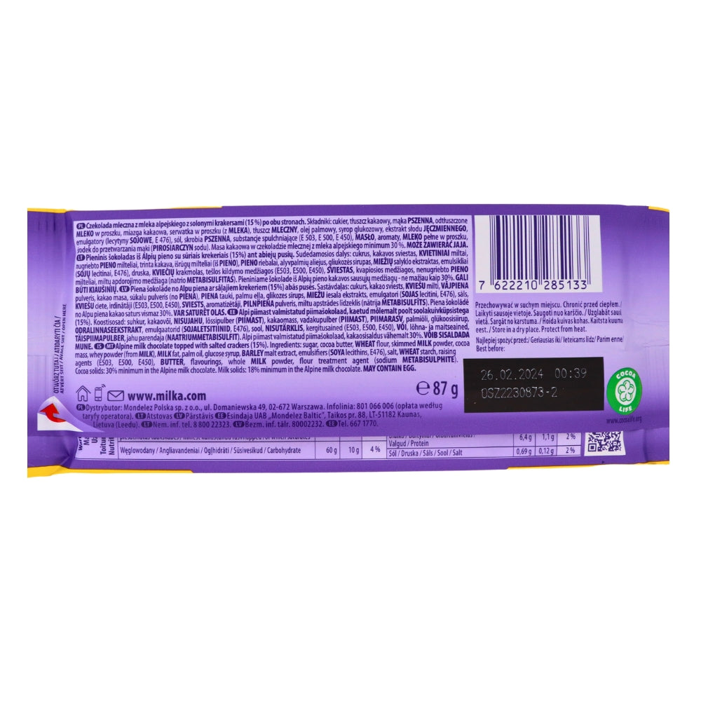 Milka Tuc Bisscuit Milk Chocolate Bars 87g - 18 Pack Nutrition Facts Ingredients
