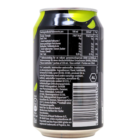 Pepsi Lime Zero Sugar 330mL - 24 Pack Nutrition Facts Ingredients