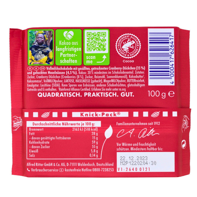 Ritter Sport Cranberry Nut 100g - 12 Pack Nutrition Facts Ingredients