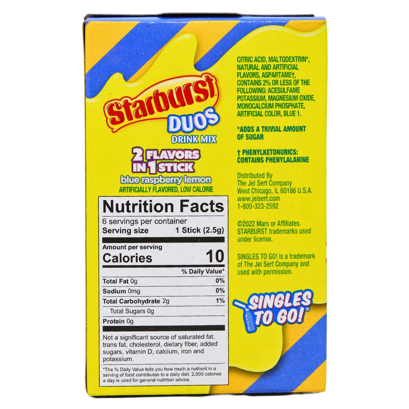 Starburst Duos Singles to Go Blue Raspberry Lemon - 12 Pack Nutrition Facts Ingredients