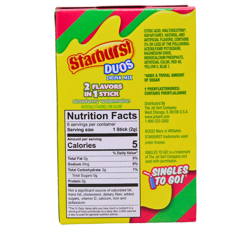 Starburst Duos Singles to Go Strawberry Watermelon - 12 Pack Nutrition Facts Ingredients