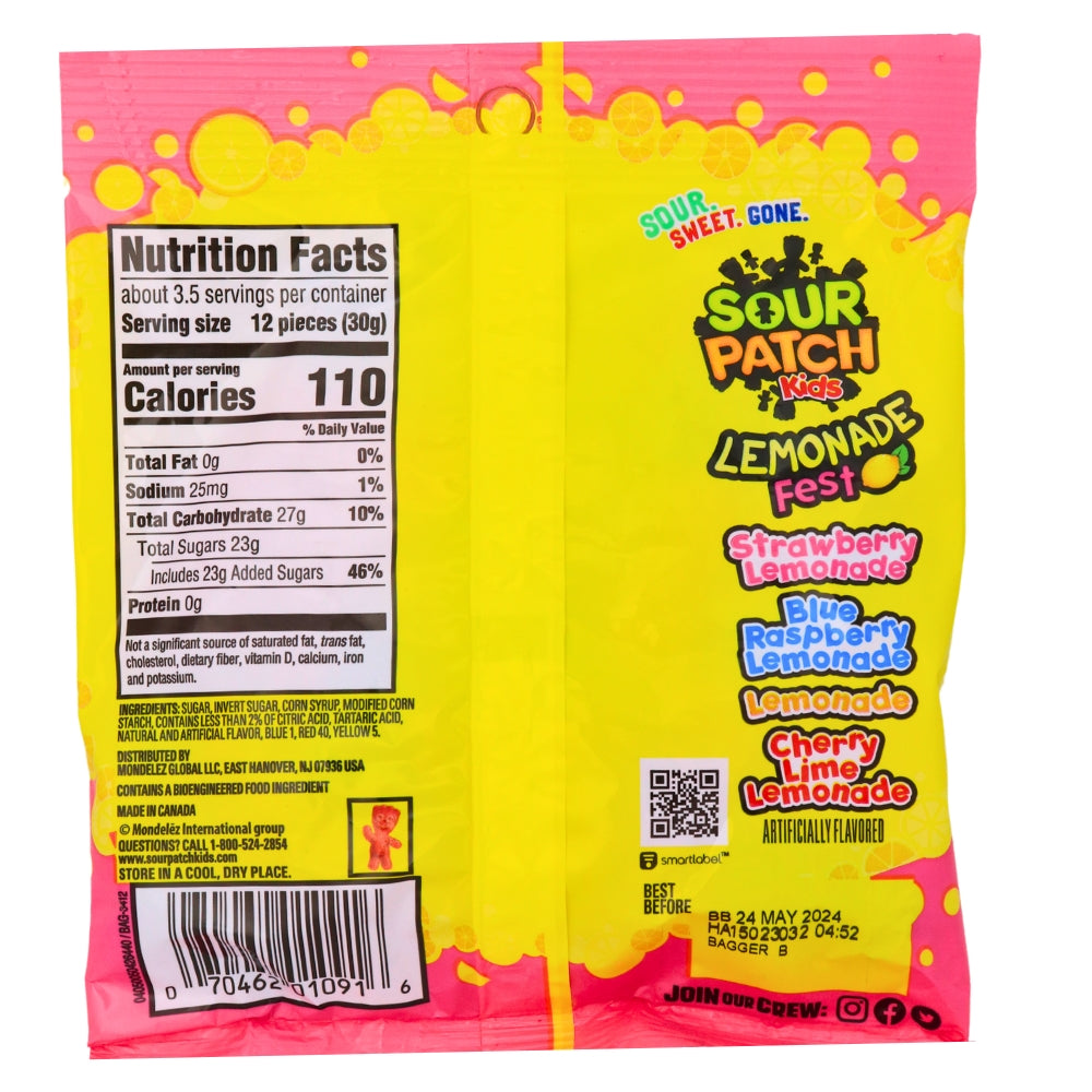 Sour Patch Kids - Lemonade 3.56oz - 12 Pack Nutrition Facts Ingredients