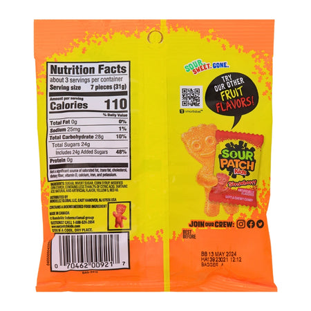 Sour Patch Kids Peach 3.56oz - 12 Pack Nutrition Facts Ingredients