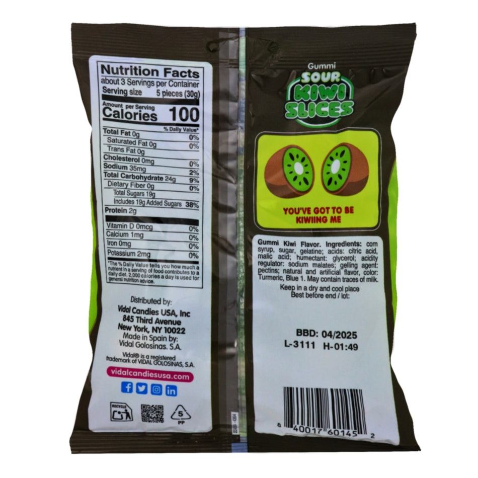 Vidal Sour Kiwi Slices Gummies -3.5oz - 14 Pack Nutrition Facts Ingredients