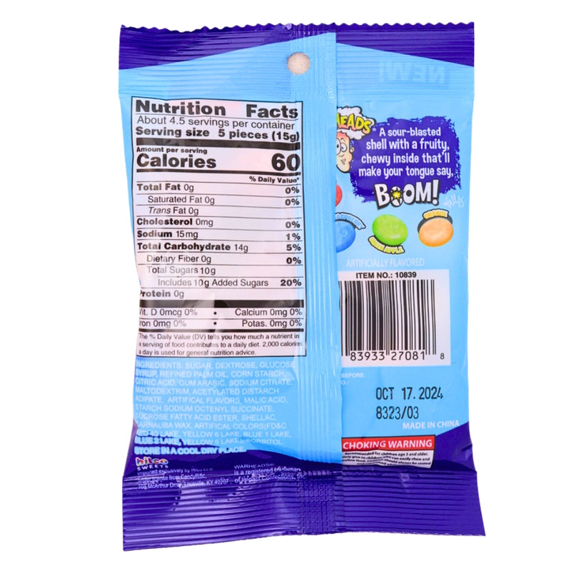 Warheads Sour Boom Fruit Chews 2.5oz - 12 Pack Nutrition Facts Ingredients