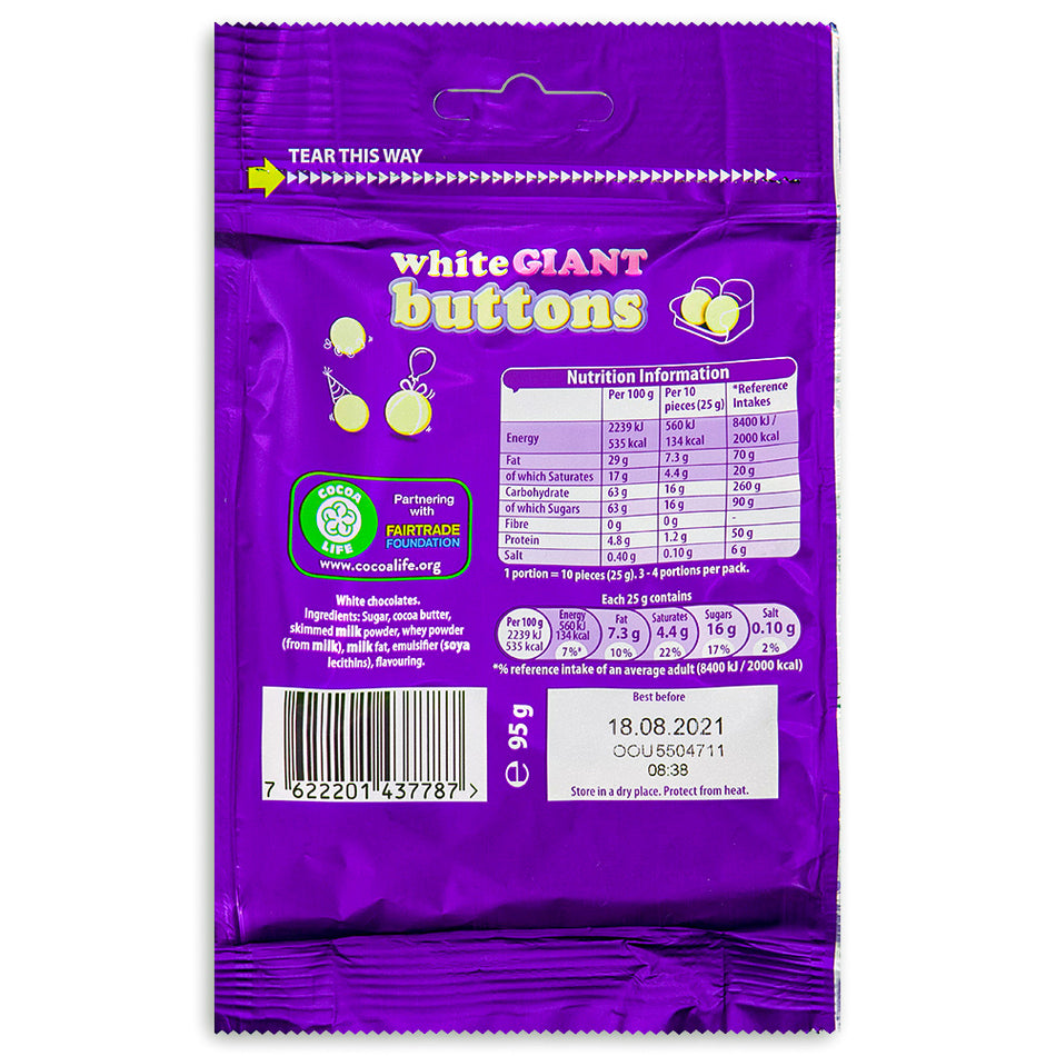 Cadbury Dairy Milk Giant Buttons White Chocolate (UK) 95g - 10 Pack Nutrition Facts Ingredients - White Chocolate - British Chocolate - British Cadbury - Candy Store