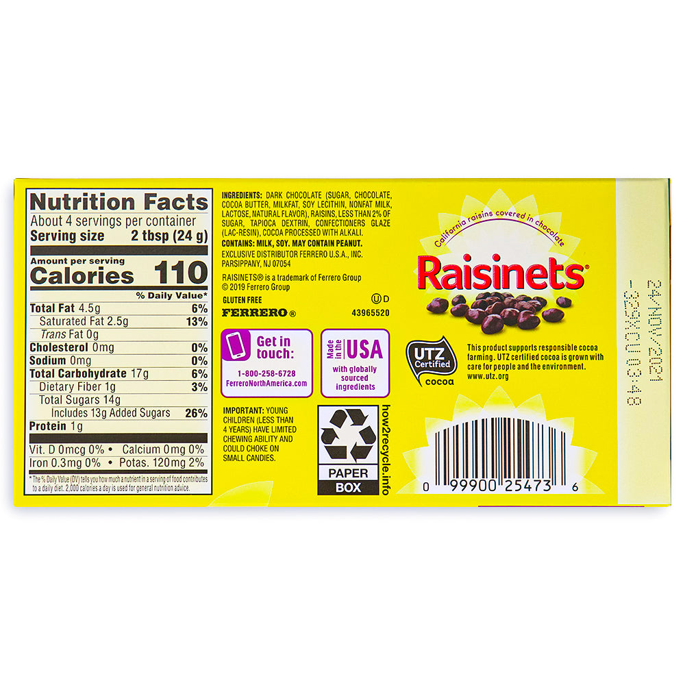 Raisinets Dark Chocolate Theater Pack 3.1oz - 15 Pack Ingredients