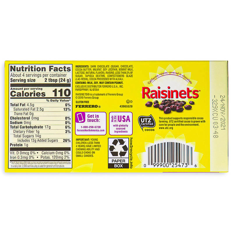 Raisinets Dark Chocolate Theater Pack 3.1oz - 15 Pack Ingredients