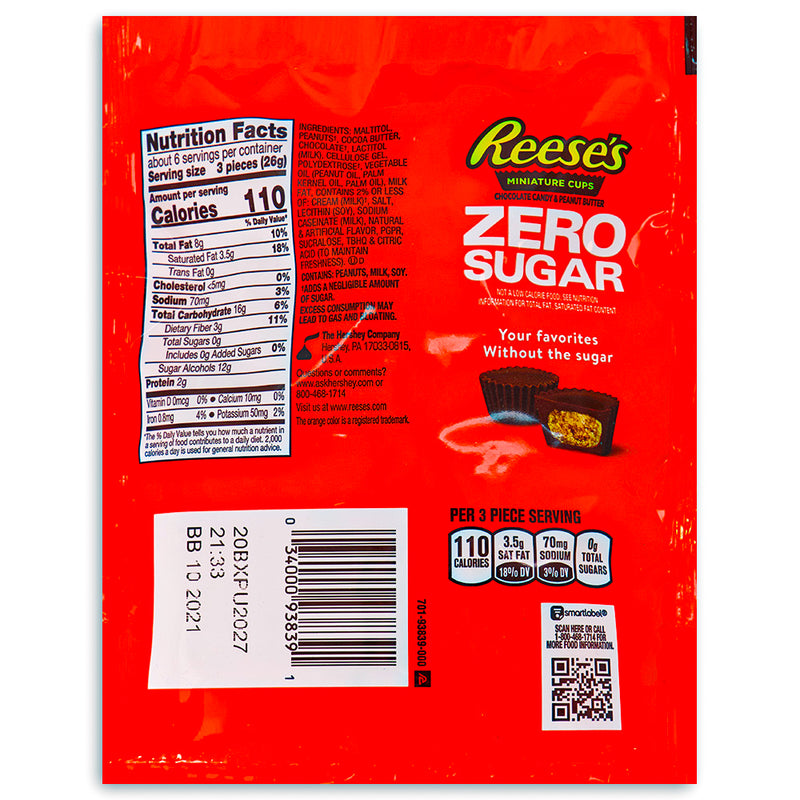 Reese's Zero Sugar Miniature Cups 5.1oz - 8 Pack Nutrition Facts - Ingredients - Sugar Free Candy