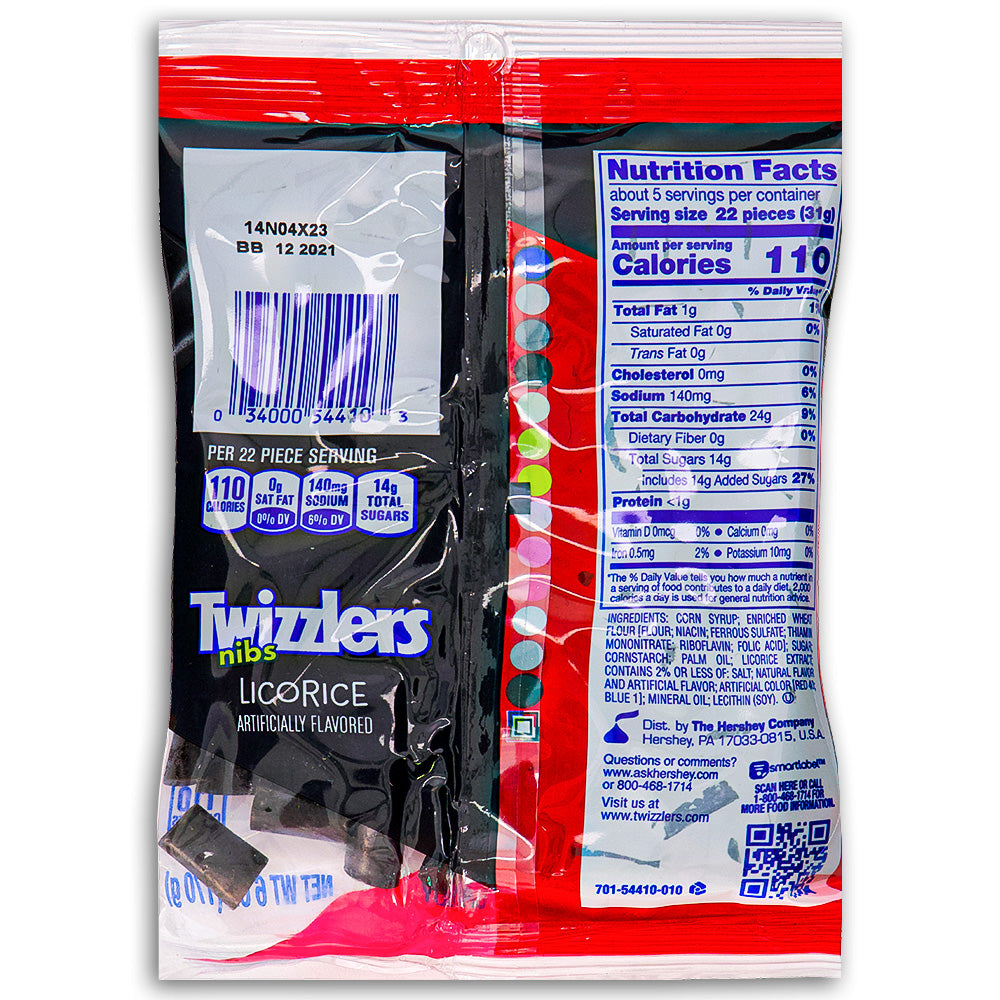 Twizzlers Nibs Black Licorice Candy 6oz - 12 Pack -Nutrition Facts-Ingredients - Twizzlers