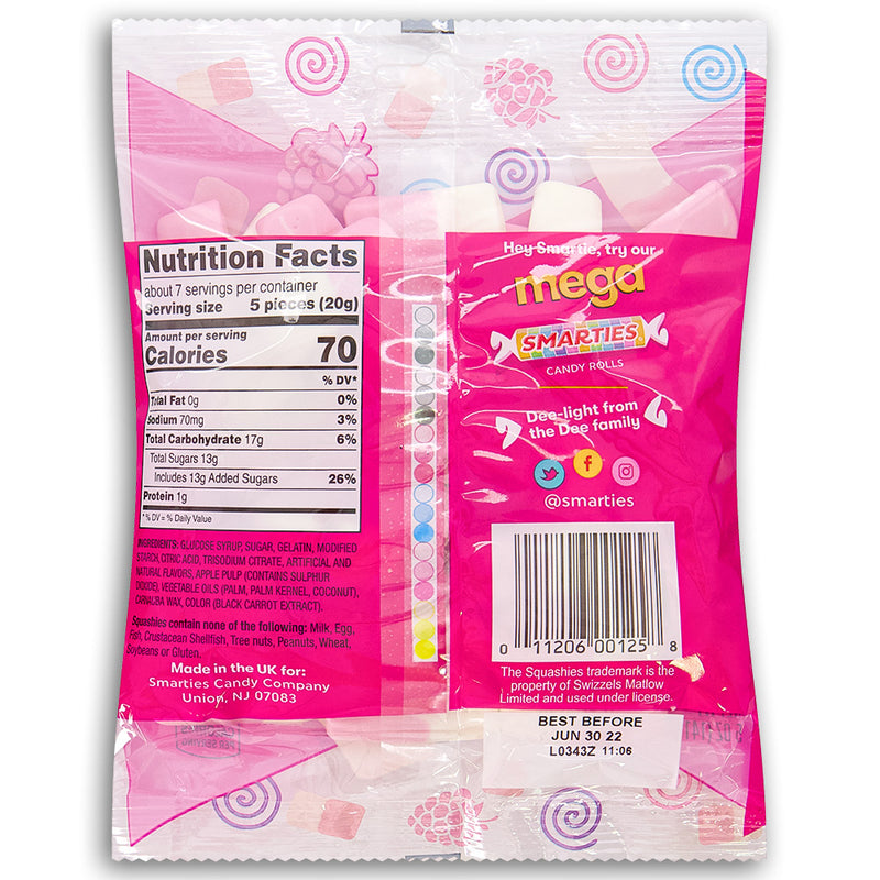 Smarties Squashies Raspberry and Cream Flavour 5oz - 12 Pack Nutrition Facts Ingredients