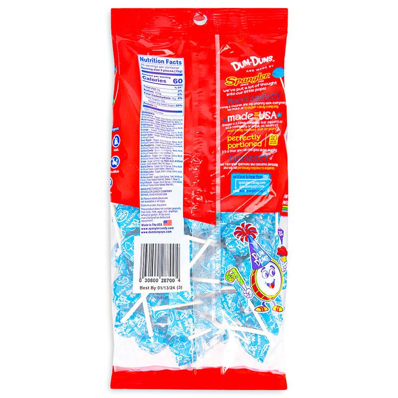 Dum Dums Color Party Ocean Blue Cotton Candy Lollipops 75 CT - 4 Pack - Ingredient - Nutrition Facts  - Dum Dum Lollipops