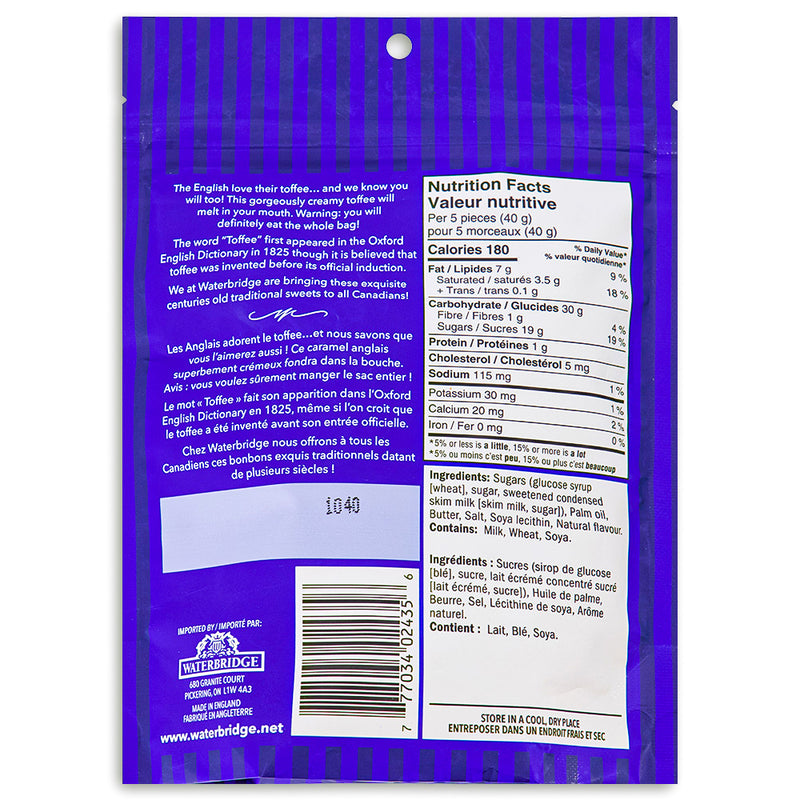 Waterbridge Just Toffee Candy 180g - 15 Pack Nutrient Facts Ingredients