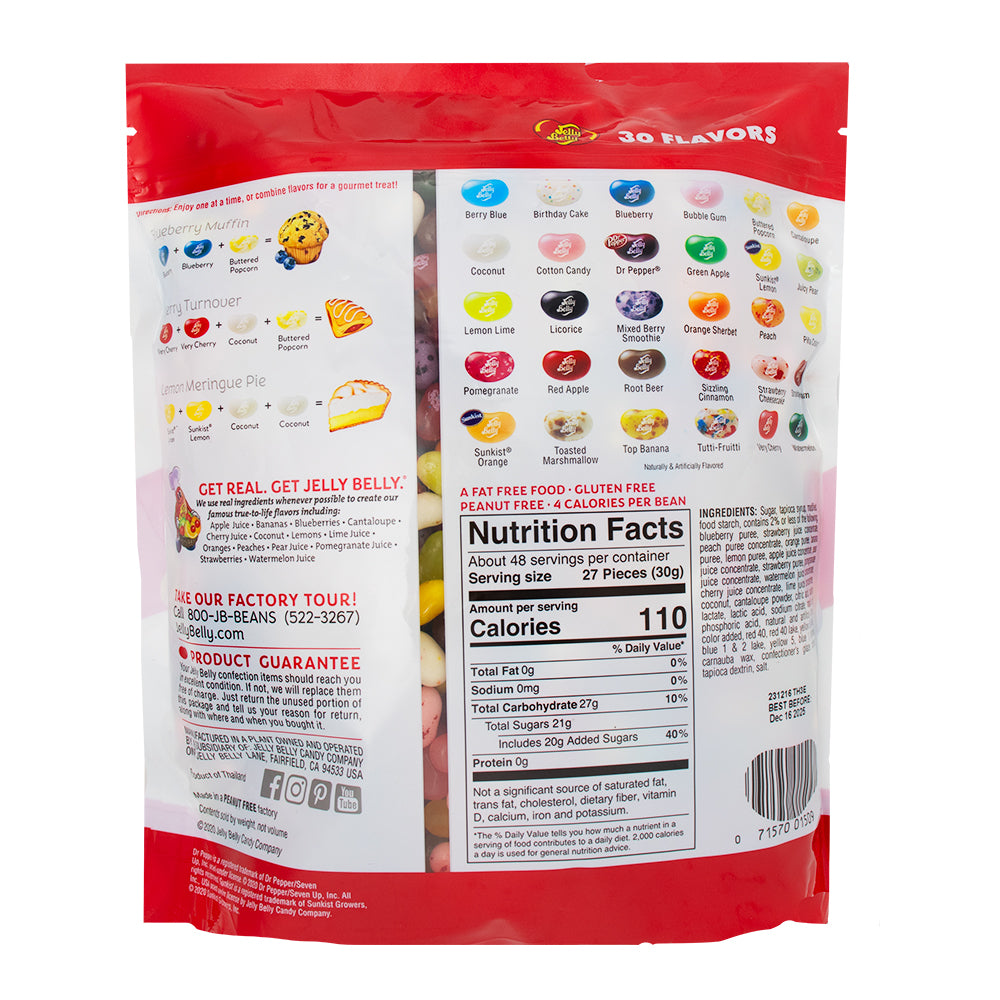 Jelly Belly 30 Assorted Flavours 1.44kg - 1 Bag   Nutrition Facts Ingredients