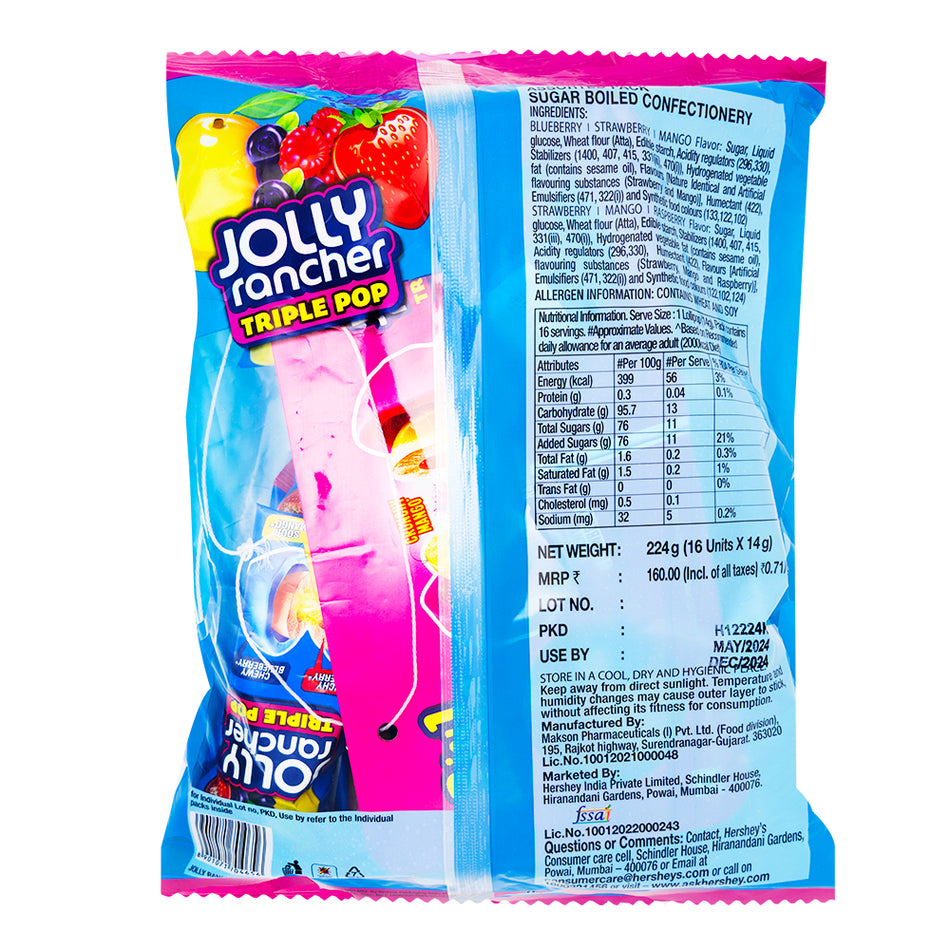 Jolly Rancher Triple Pop (India) - 224g - 12 Pack  Nutrition Facts Ingredients
