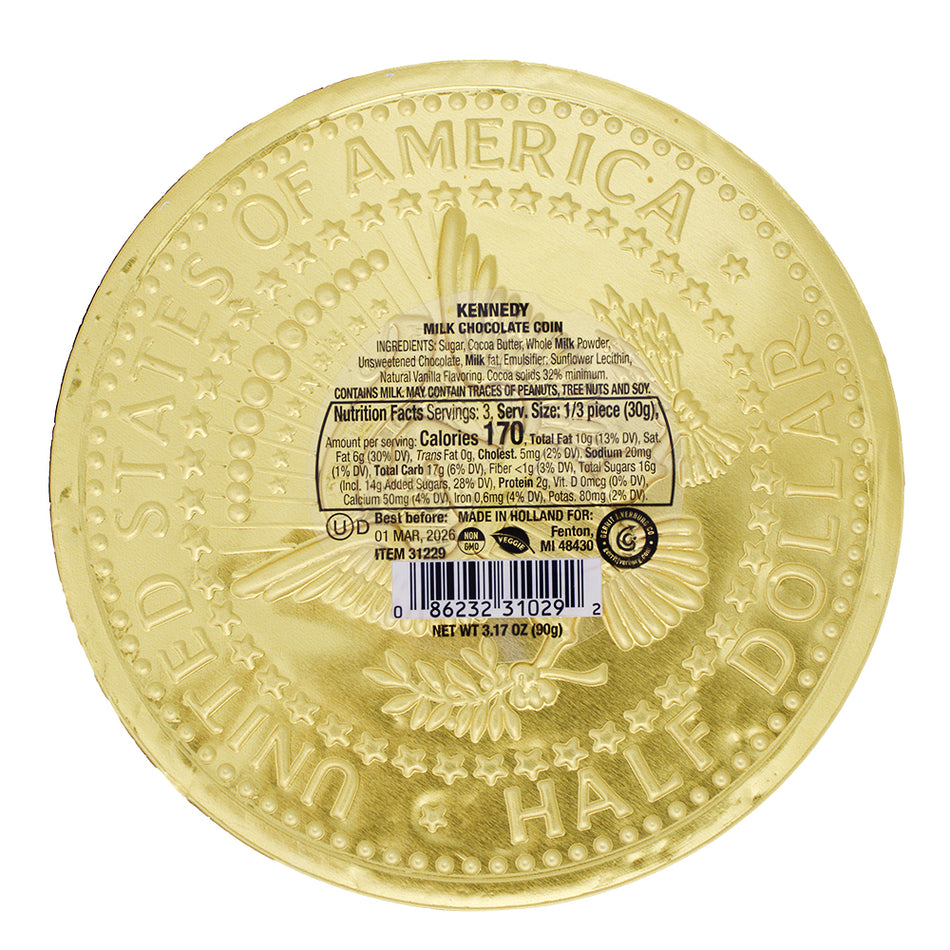 Fort Knox Gold Coin Mega Medallion Chocolate 3.17oz - 12 Pack Nutrition Facts Ingredients