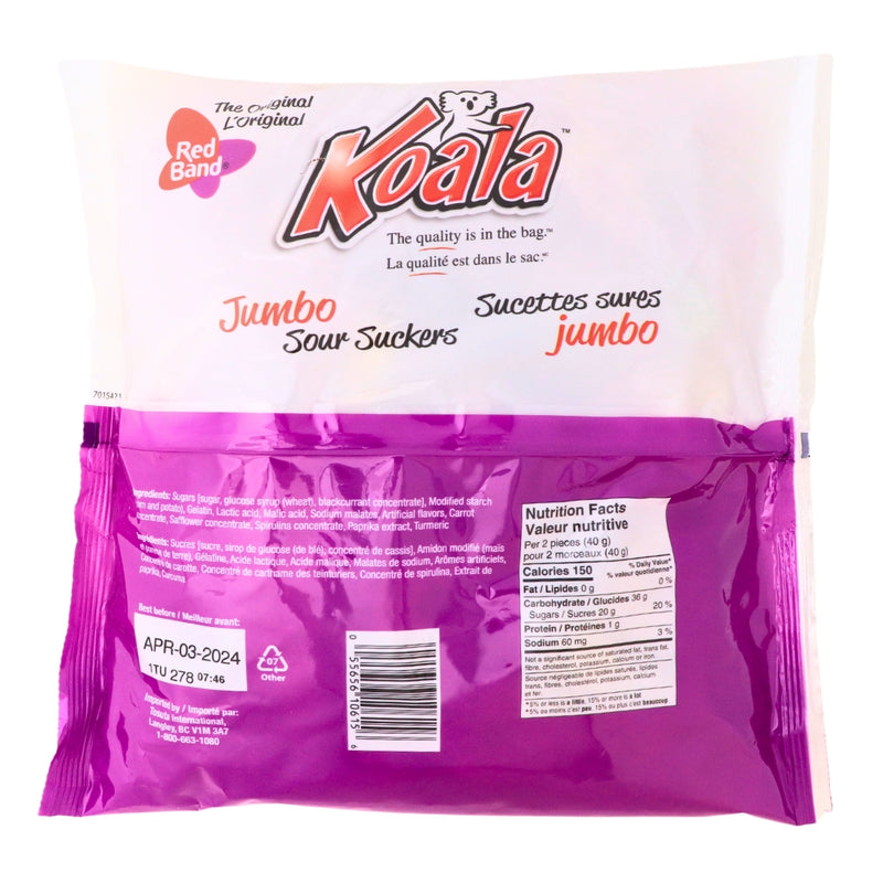 Koala-Red Band Jumbo Sour Suckers Gummy Candies-Bulk Candy nutrient Facts - Ingredients 